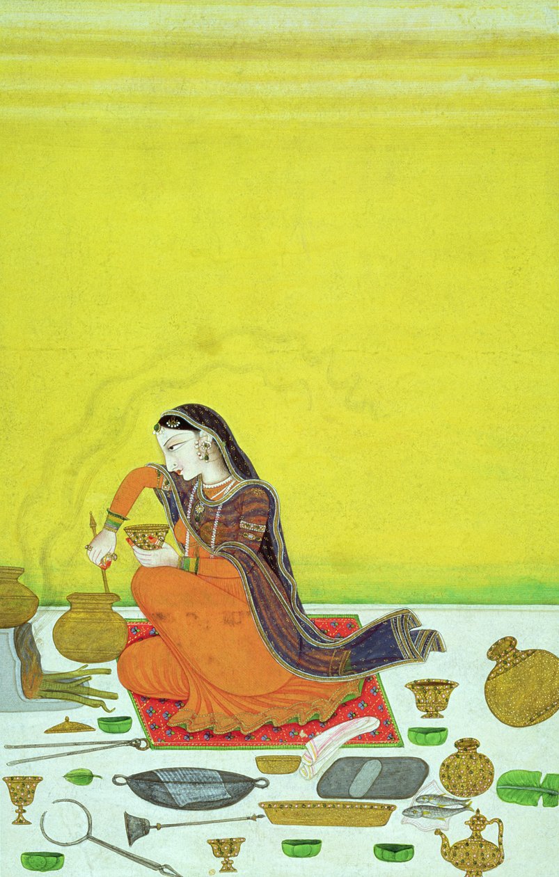 Eine Dame bereitet eine Mahlzeit vor, Miniatur aus einer Bhagavata Purana Serie, Kangra, ca. 1810 von Indian School