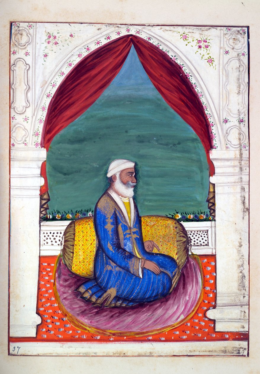 Dewan Ajodia Pershad, aus Das Königreich Punjab, seine Herrscher und Häuptlinge, Band II, ein Band mit 30 Aquarellstudien eines unbekannten indischen Künstlers, ca. 1840 von Indian School