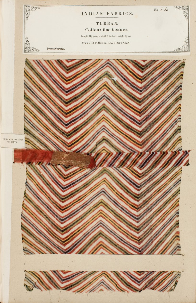 Feine Baumwollturbaneprobe aus Jeypoor in Rajpootana, aus The Collection of the Textile Manufacturers of India, von John Forbes Watson, veröffentlicht 1866 von Indian School