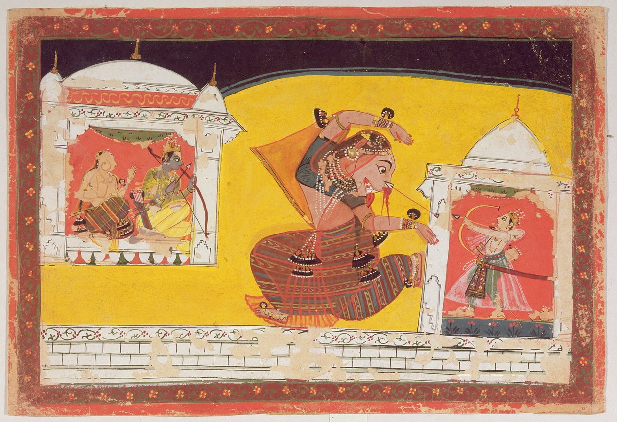 Laksmama schneidet Surpanakha die Nase ab, aus dem Ramayana, auf der Rückseite in Devanagari beschriftet, Malwa, Rajput-Schule, spätes 17. Jahrhundert von Indian School