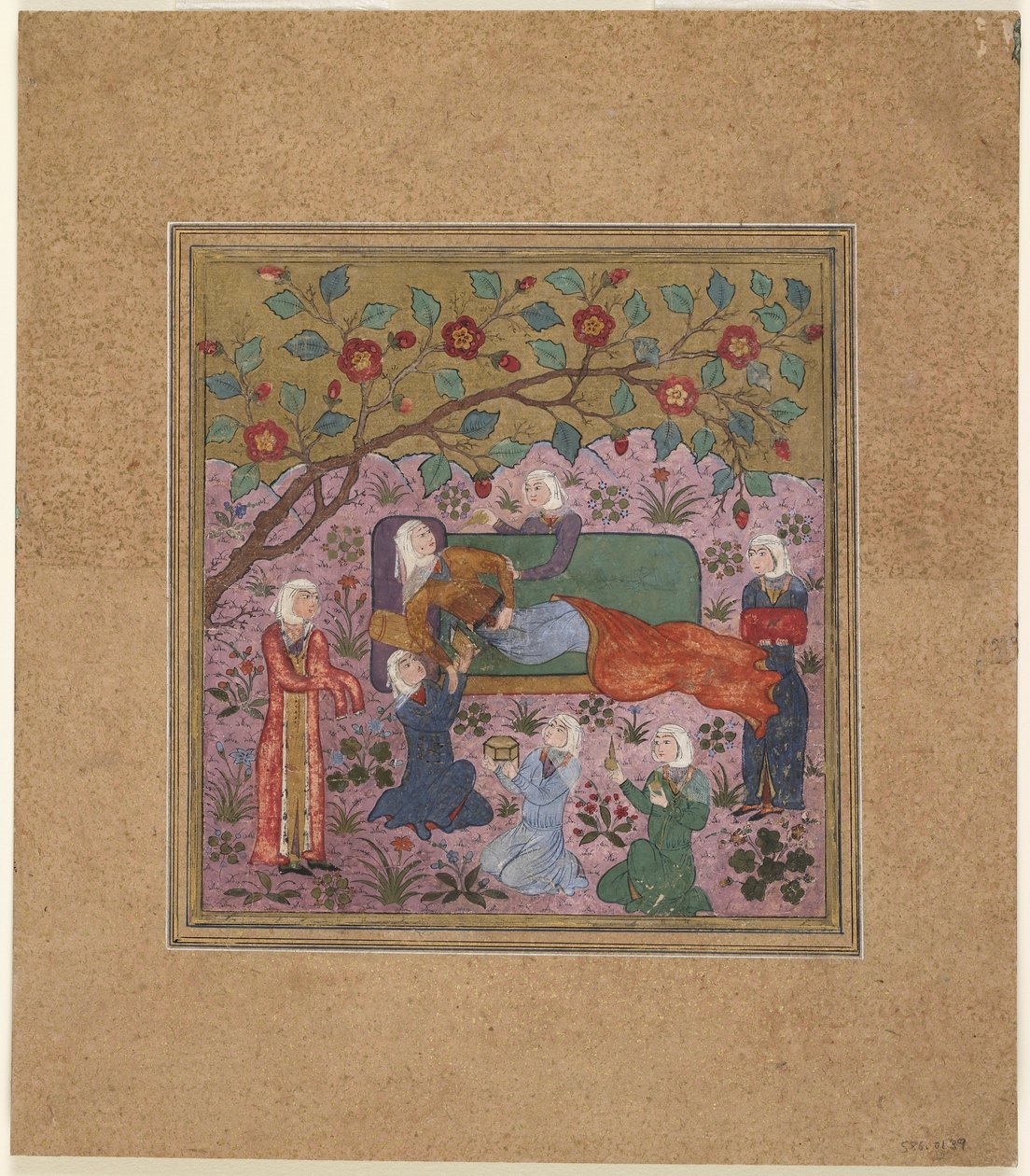 Seite aus einem Schahname (Buch der Könige) von Firdawsi; Eine liegende Frau umgeben von Dienerinnen von Indian School