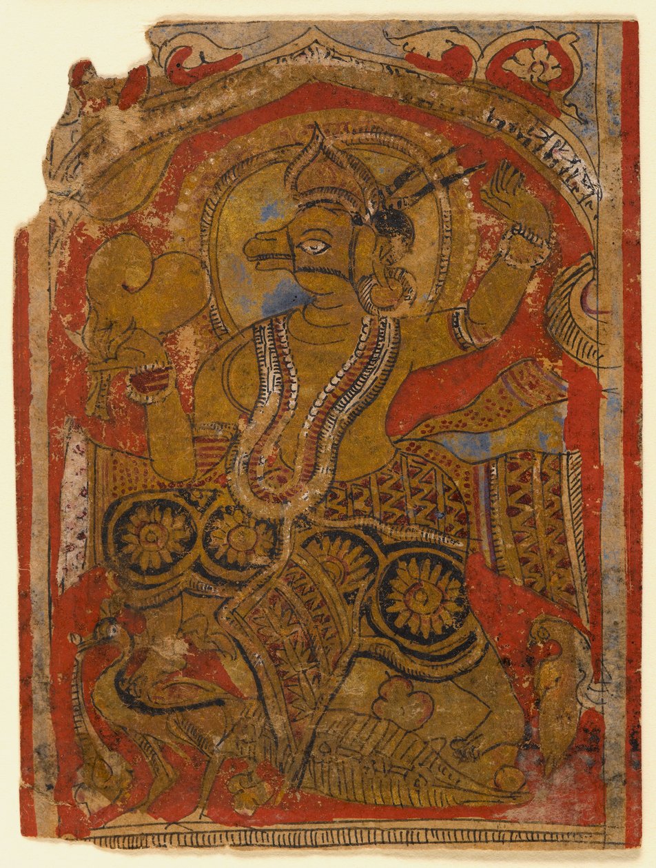 Harinegameshin trägt den Embryo, Fragment eines Blattes aus einem verstreuten Kalpasutra von Indian School