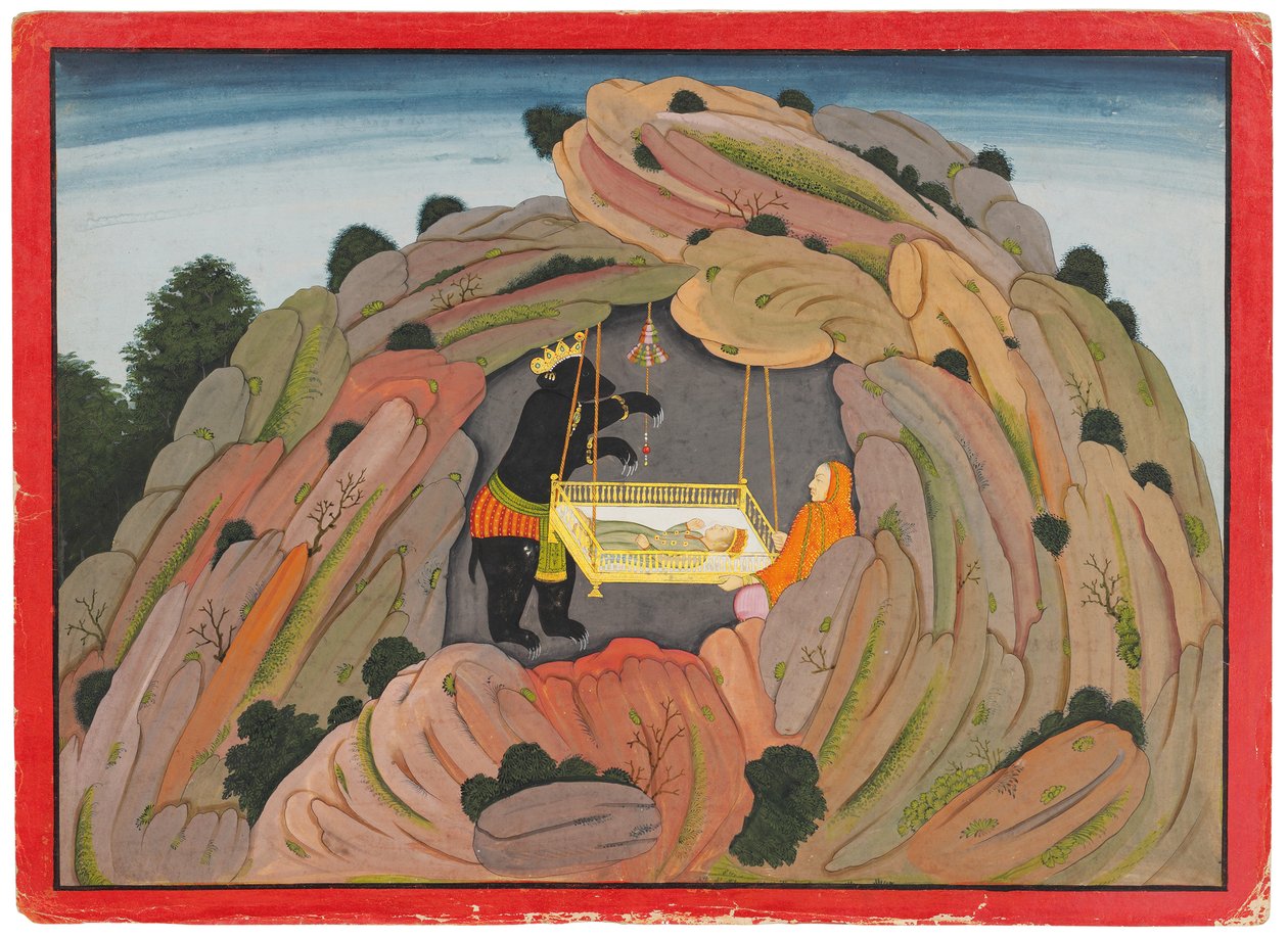 Illustration zum Bhagavata Purana: Jambavan gibt seiner Tochter das Symantaka-Juwel zum Spielen, ca. 1760-65 von Indian School