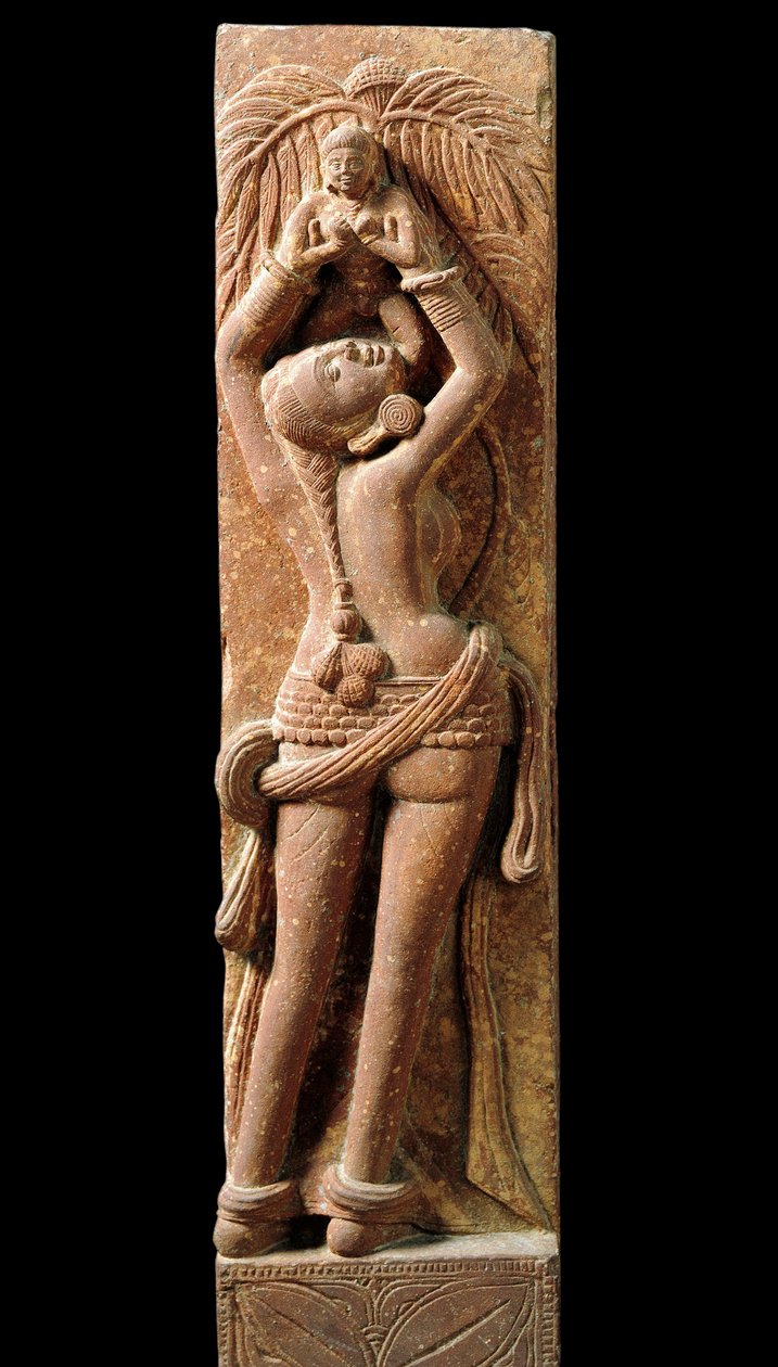 Indische Kunst: Reliefstrümpfe, die eine Mutter und ihr Kind darstellen. Periode Kouchane (Kouchan oder Kushan) 1. Jahrhundert - Neu-Delhi, Nationalmuseum von Indian School