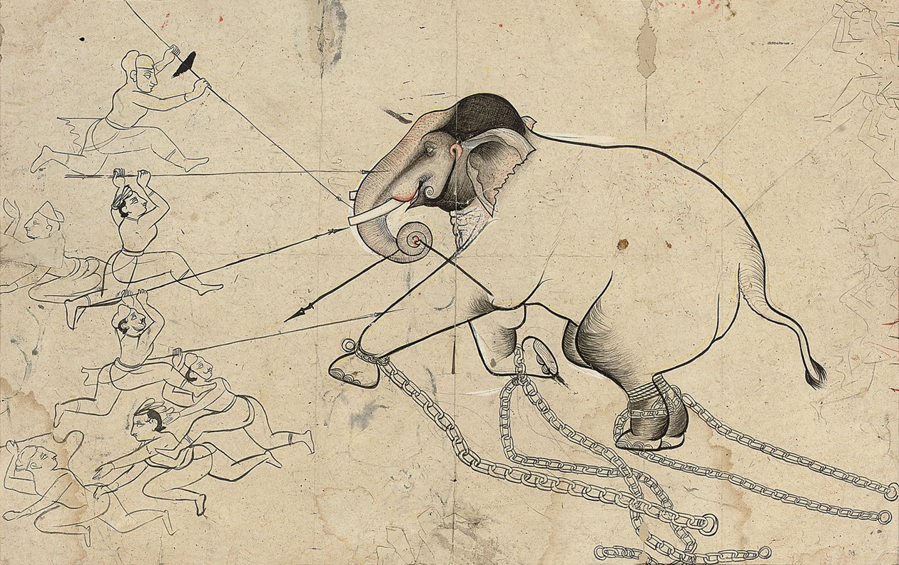 Isarda oder Kotah vorbereitende Zeichnung der Zähmung eines Elefanten, ca. 1720 von Indian School
