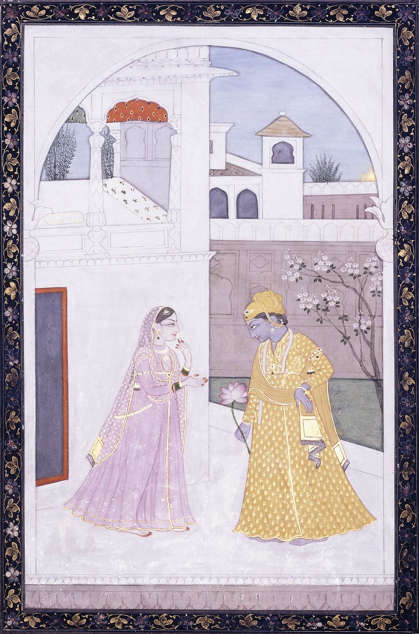 Krishna hält eine Lotusblüte, seine Geliebte in einem rosa Sari, ca. 1800 von Indian School
