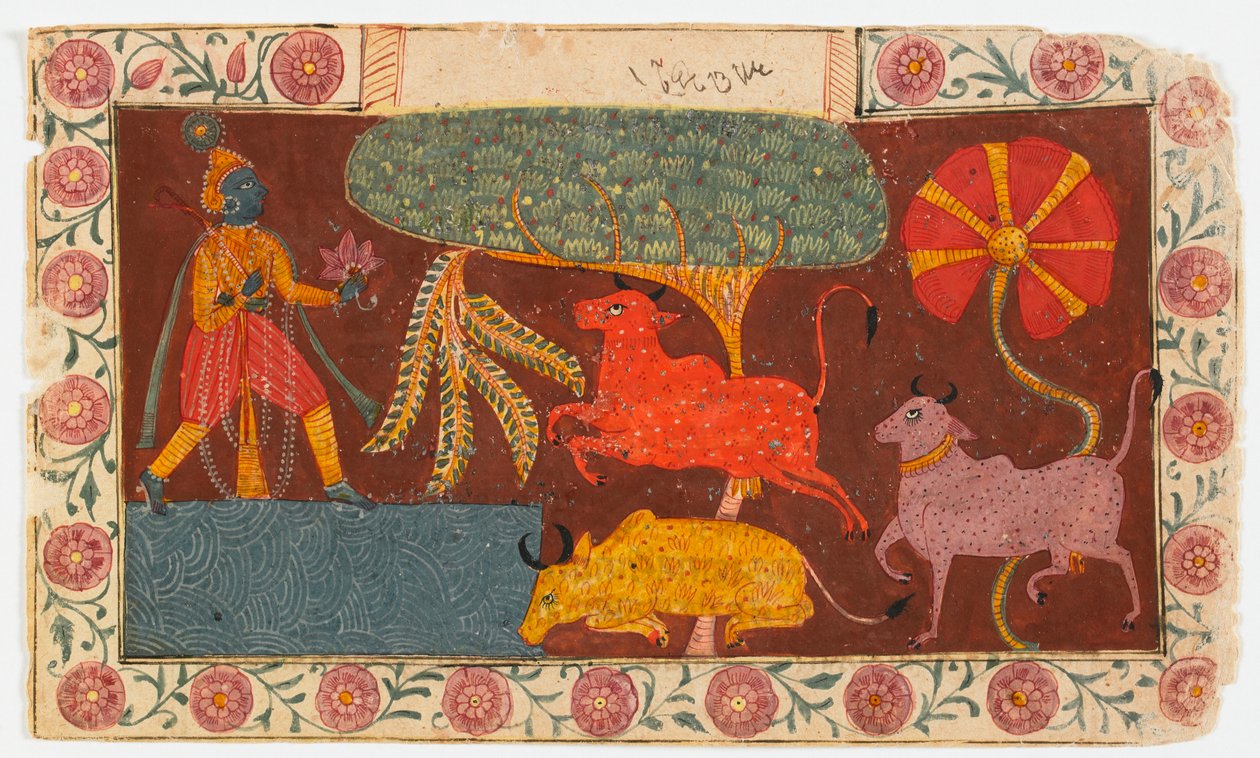 Krishna und Kühe an einem Teich, aus einem Bhagavata Purana von Indian School