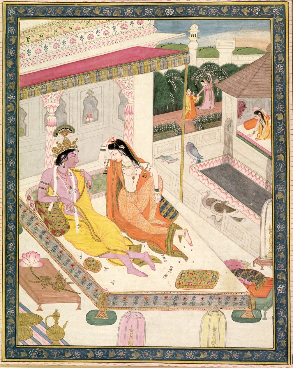 Krishna und Radha auf einem Bett in einem Mogul-Palast, Punjab, um 1860 von Indian School