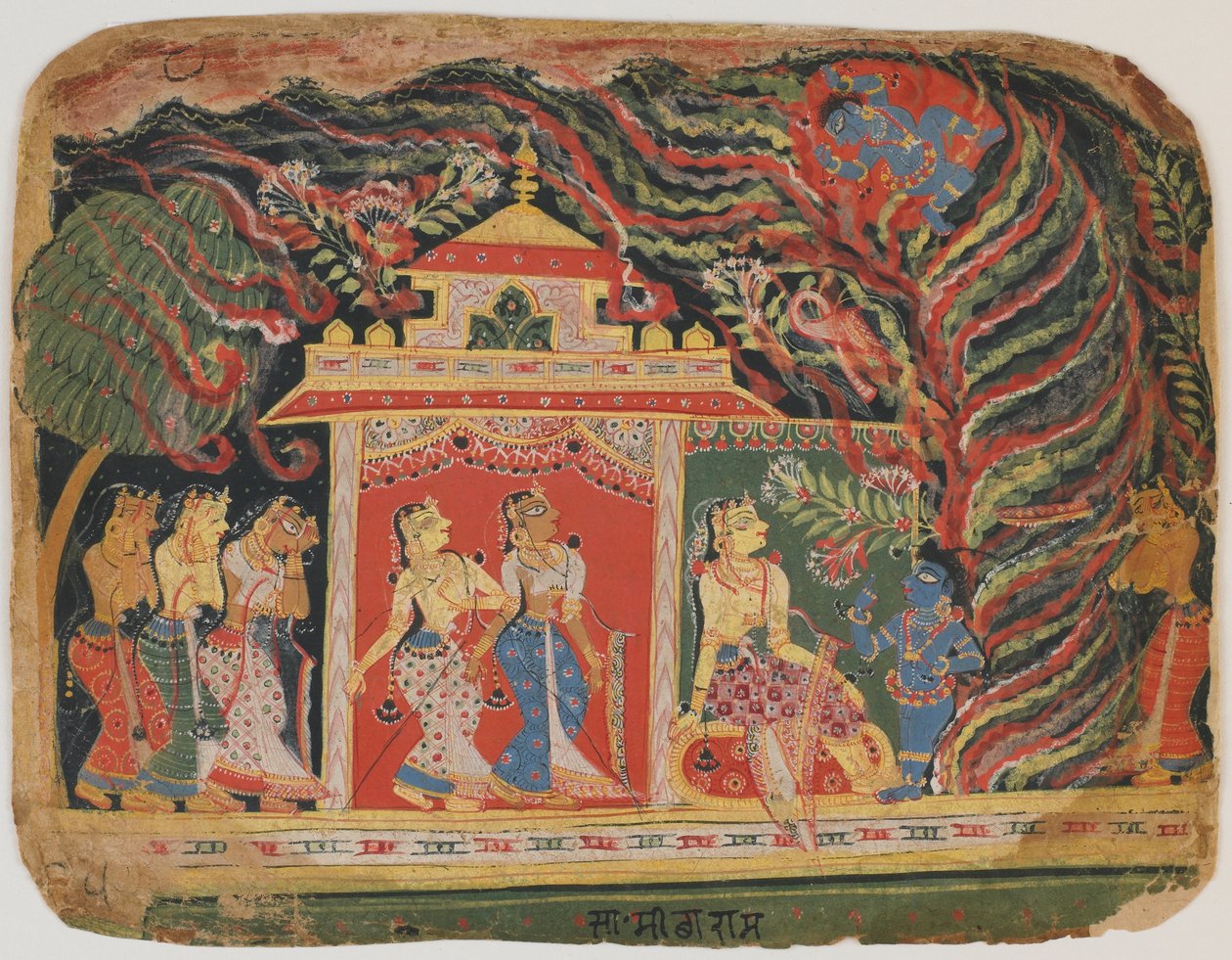 Krishna wird vom Wirbelwind-Dämon entführt, aus einem Bhagavata Purana, ca. 1520-30 von Indian School