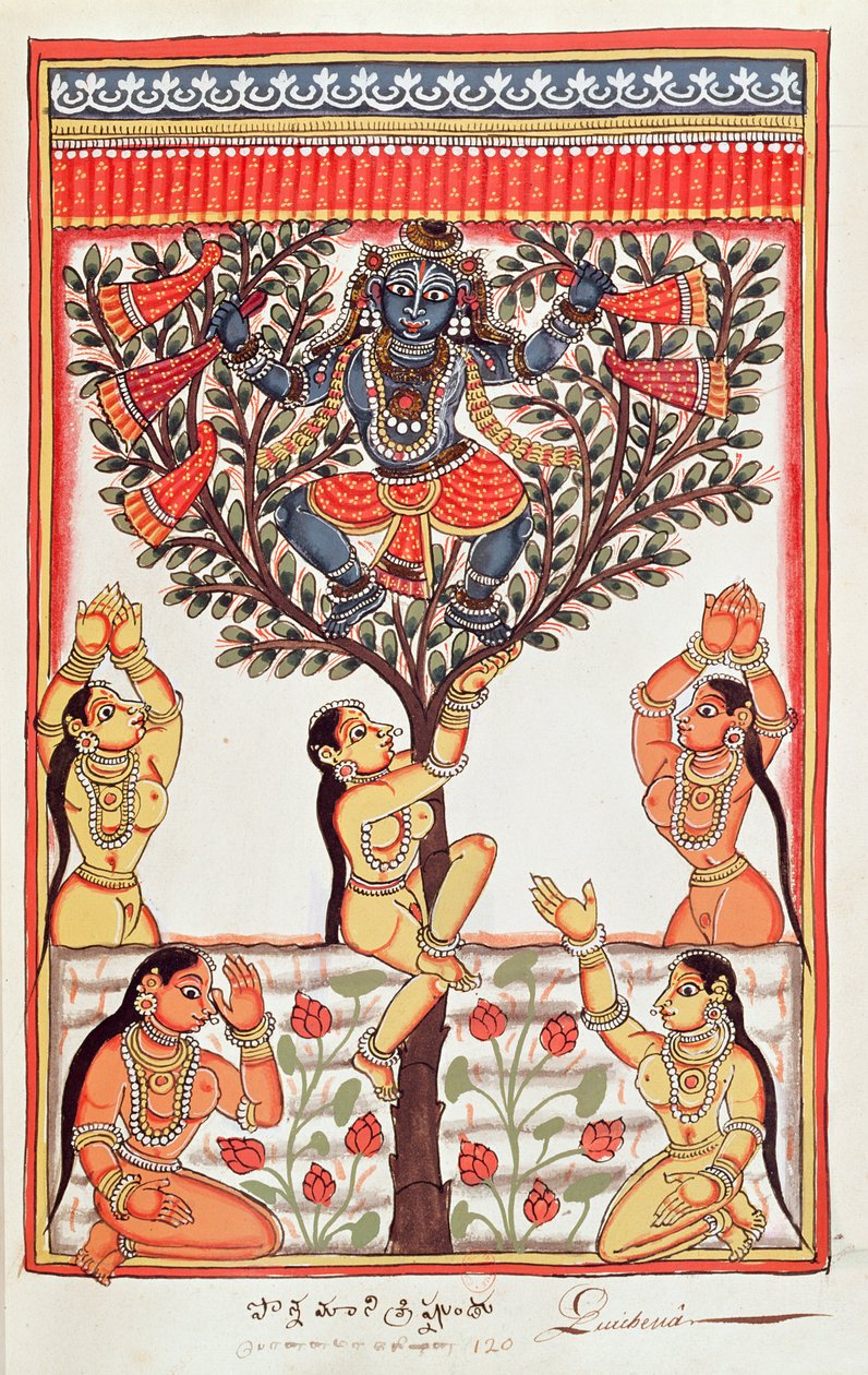 Krishna stiehlt die Kleider der Gopi, die im Fluss Yamuna schwimmen von Indian School