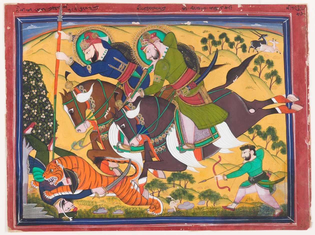 Maharaja Ram Singh jagt einen Tiger, zweites Viertel des 19. Jahrhunderts von Indian School