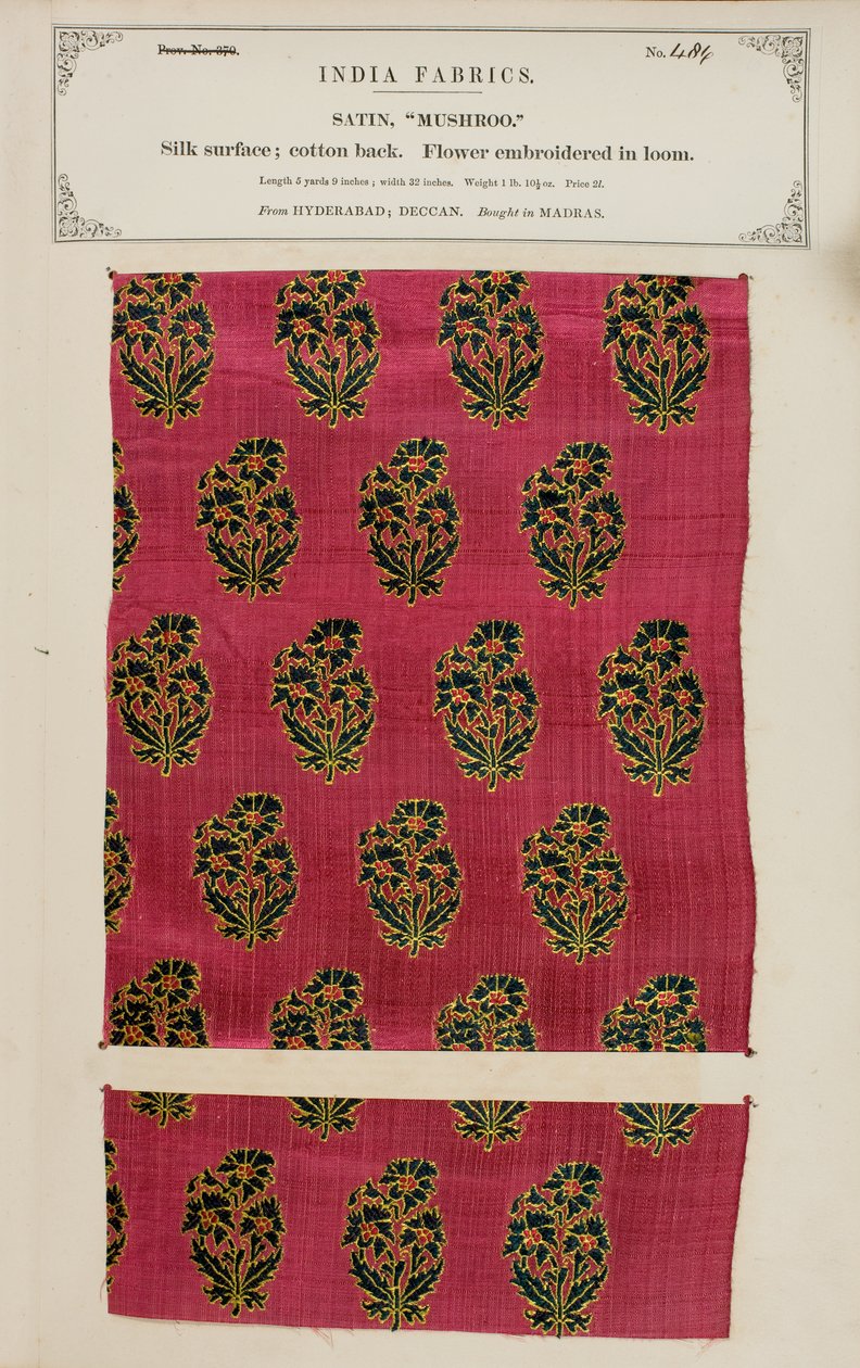Mushroo-Satinmuster aus Hyderabad in Deccan, aus The Collection of the Textile Manufacturers of India, von John Forbes Watson, veröffentlicht 1866 von Indian School