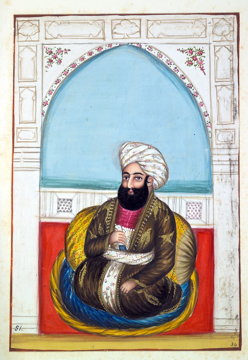 Nawab Synd Mohammad Khan, aus Das Königreich Punjab, seine Herrscher und Häuptlinge, Band II, ein Band mit 30 Aquarellstudien eines unbekannten indischen Künstlers, ca. 1840 von Indian School