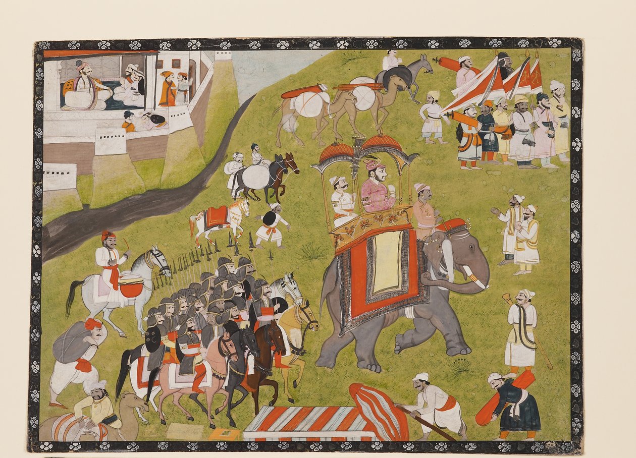 Prozession eines Rajas auf einem Elefanten mit bewaffneter Eskorte und Gefolge, 2. Hälfte des 19. Jahrhunderts von Indian School