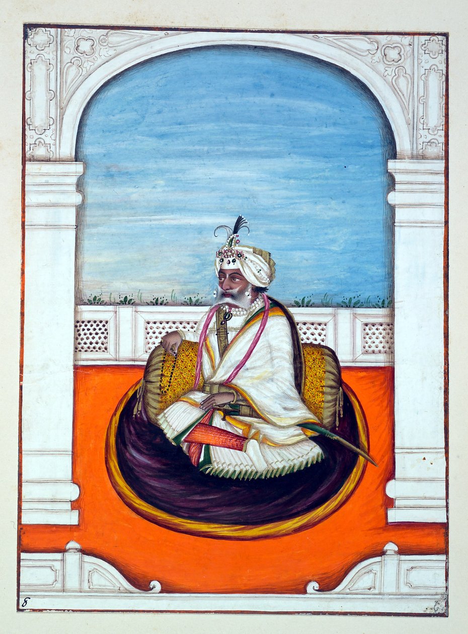Rajah Gulab Singh, aus Das Königreich Punjab, seine Herrscher und Häuptlinge, Band I, ein Band mit 27 Aquarellstudien eines unbekannten indischen Künstlers, ca. 1840 von Indian School