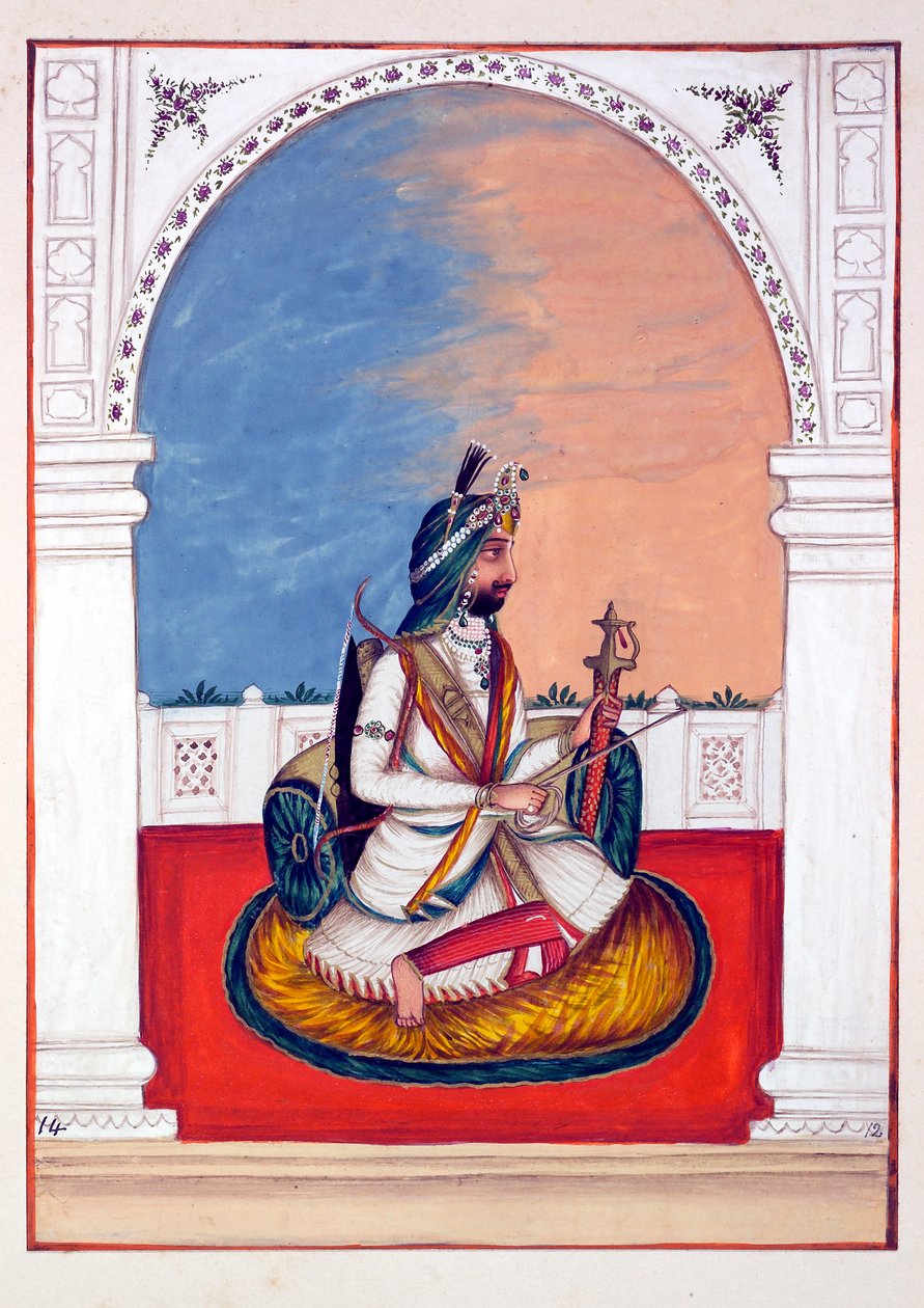 Rajah Hira Singh, aus Das Königreich Punjab, seine Herrscher und Häuptlinge, Band I, ein Band mit 27 Aquarellstudien eines unbekannten indischen Künstlers, ca. 1840 von Indian School