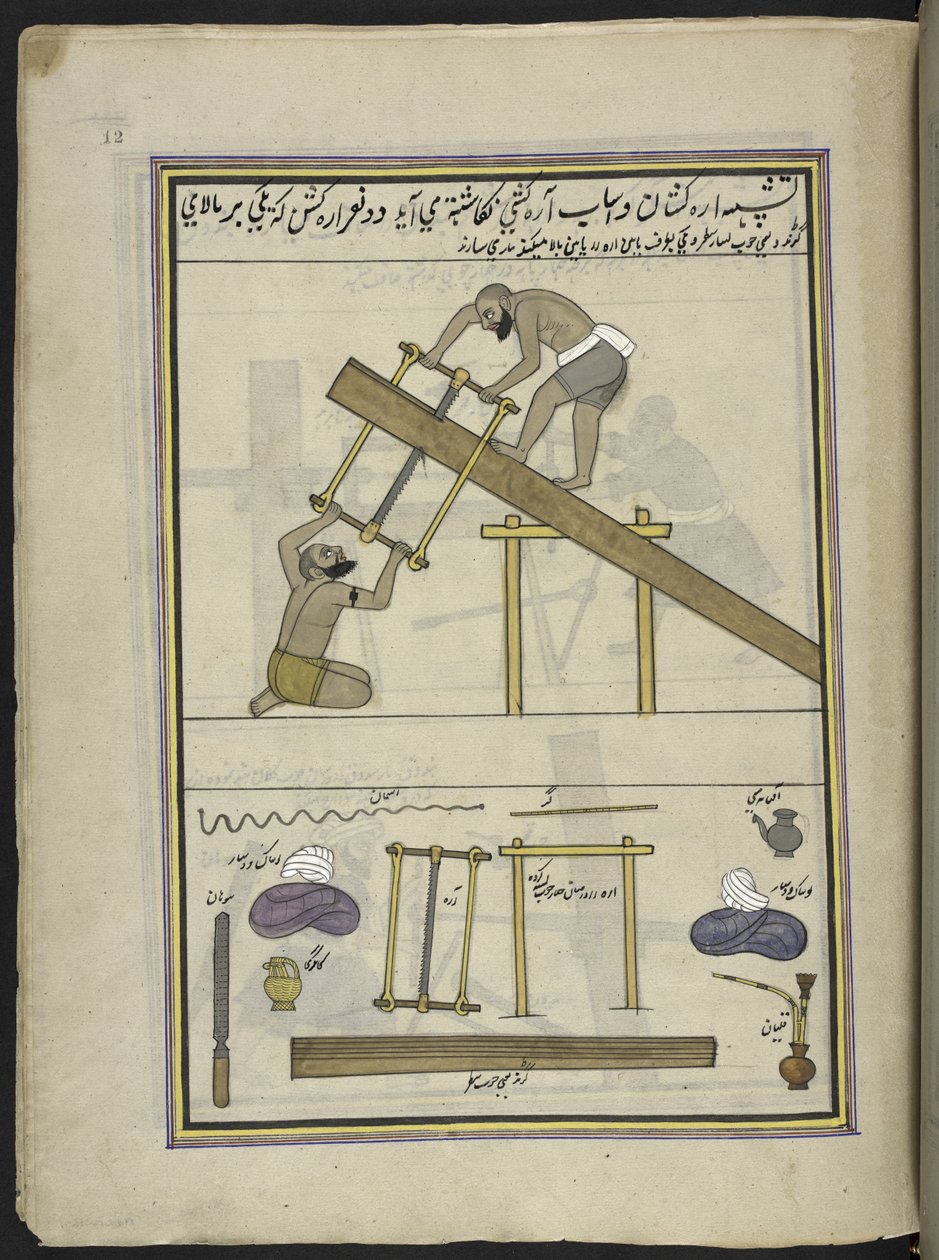 Säger, 86 Zeichnungen in einem Band, der Berufe und Tätigkeiten in Kaschmir darstellt, Handwerker bei der Arbeit mit ihren Werkzeugen und Geräten, von einem Kaschmir-Künstler, wahrscheinlich in Srinagar, um 1850-60 von Indian School
