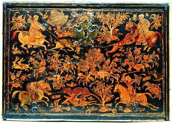 Seite eines Schreibschranks, die Edelmänner bei der Jagd darstellt, 17. Jahrhundert von Indian School