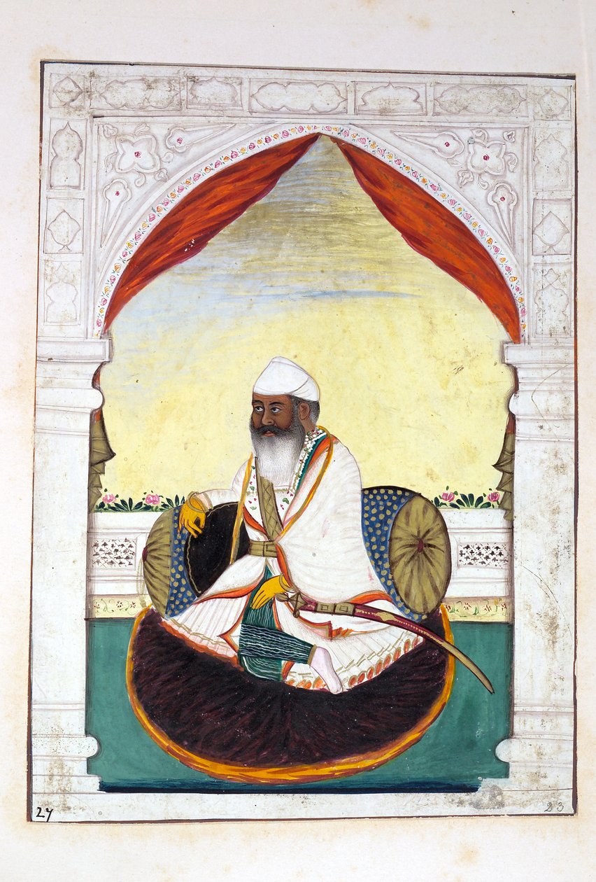 Sirdar Gurmukh Singh Bhai, aus Das Königreich Punjab, seine Herrscher und Häuptlinge, Band II, ein Band mit 30 Aquarellstudien eines unbekannten indischen Künstlers, ca. 1840 von Indian School