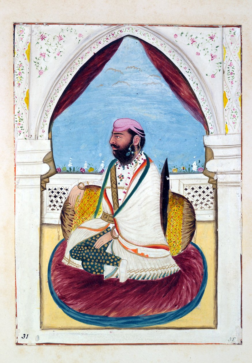 Sirdar Hukm Singh (Malwai), aus Das Königreich Punjab, seine Herrscher und Häuptlinge, Band II, ein Band mit 30 Aquarellstudien eines unbekannten indischen Künstlers, ca. 1840 von Indian School