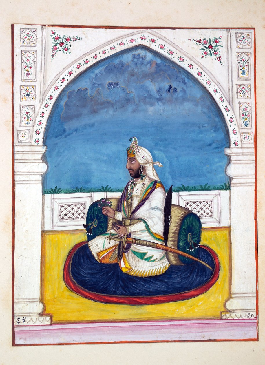 Sirdar Shamshir Singh, aus Das Königreich Punjab, seine Herrscher und Häuptlinge, Band I, ein Band mit 27 Aquarellstudien eines unbekannten indischen Künstlers, ca. 1840 von Indian School