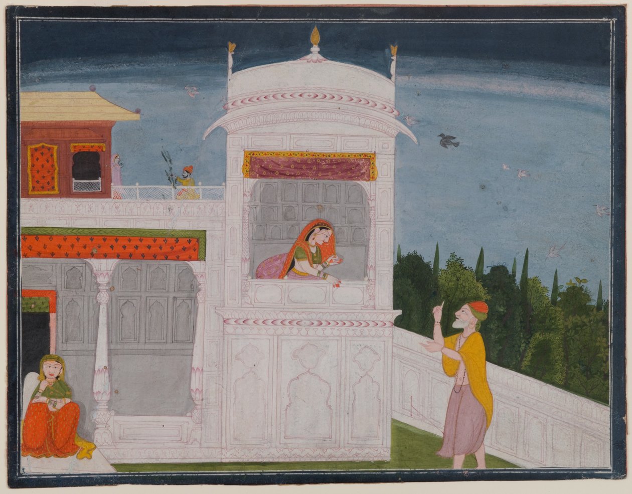 Der Brahmane Sudama und Rukmini in einem Palast, Seite aus der Sudama-Episode der Bhagavata Purana-Serie, ca. 1800 oder später von Indian School