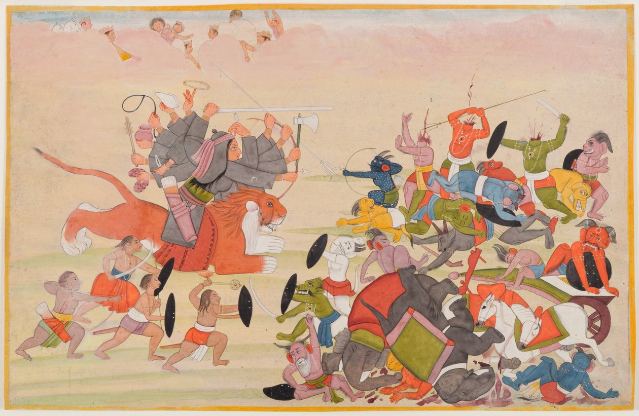 Die Devi besiegt Mahishasura, Folio aus einer verstreuten Devi Mahatmya Serie, ca. 1770-80 von Indian School