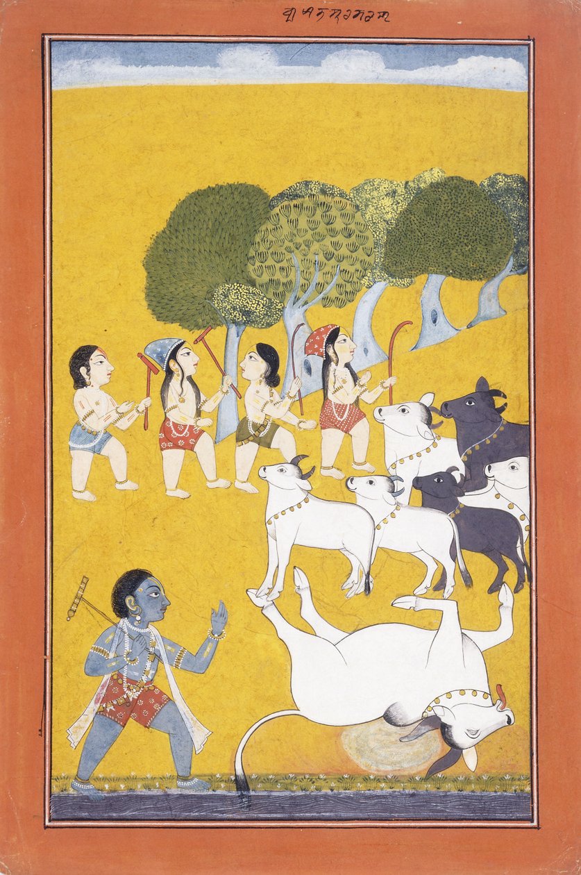 Der junge Krishna tötet den Dämon Vatsasura, der in der Gestalt eines Kalbs kam, ca. 1730-1740 von Indian School