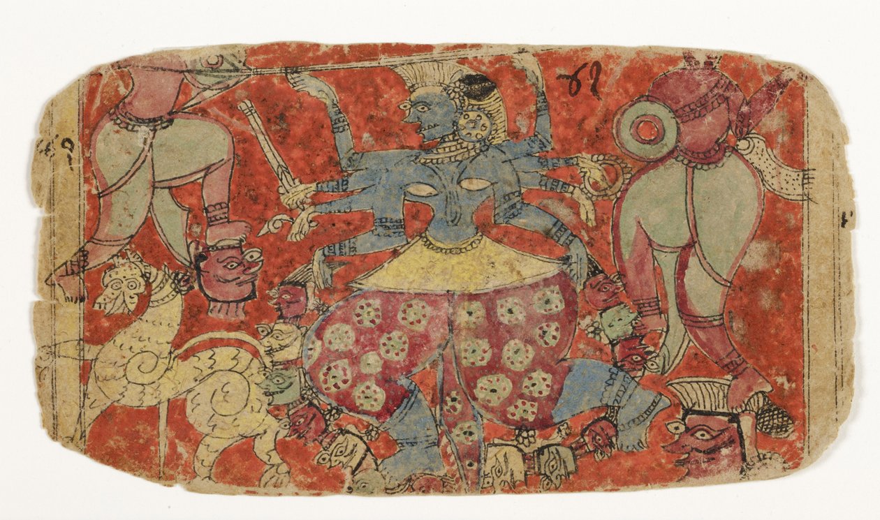 Die Göttin Kali kämpft gegen Dämonen, aus Durga greift die Dämonen Shambha und Nishumbha an von Indian School