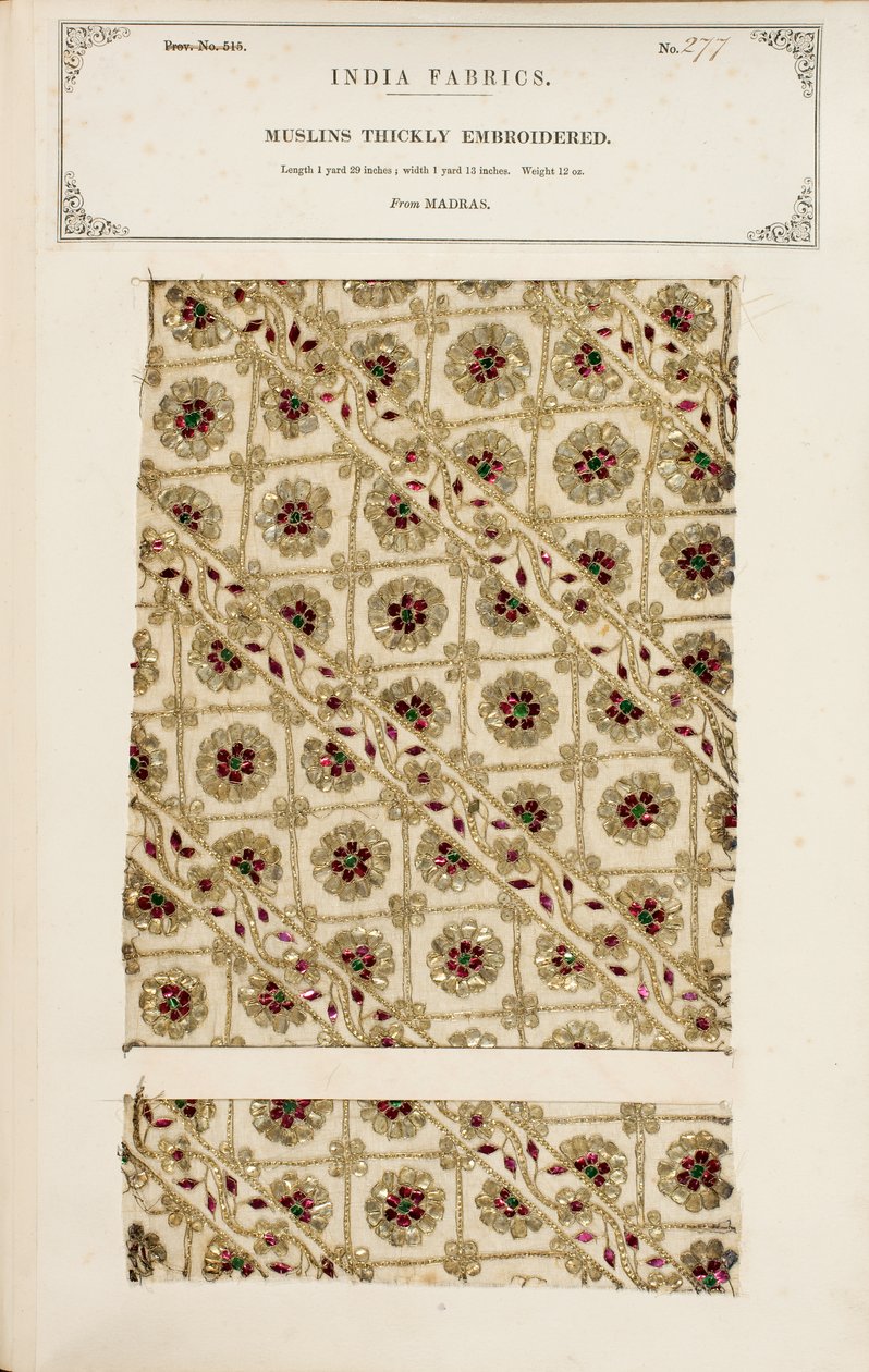 Bestickte Musselinprobe aus Madras, aus The Collection of the Textile Manufacturers of India, von John Forbes Watson, veröffentlicht 1866 von Indian School