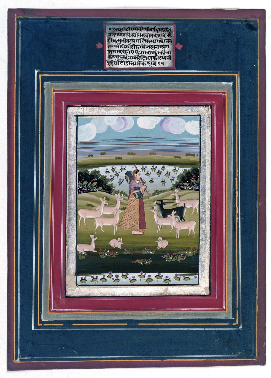 Todi Ragini - Eine Dame spielt eine Vina in einer Landschaft mit Tieren, 1810-20 von Indian School