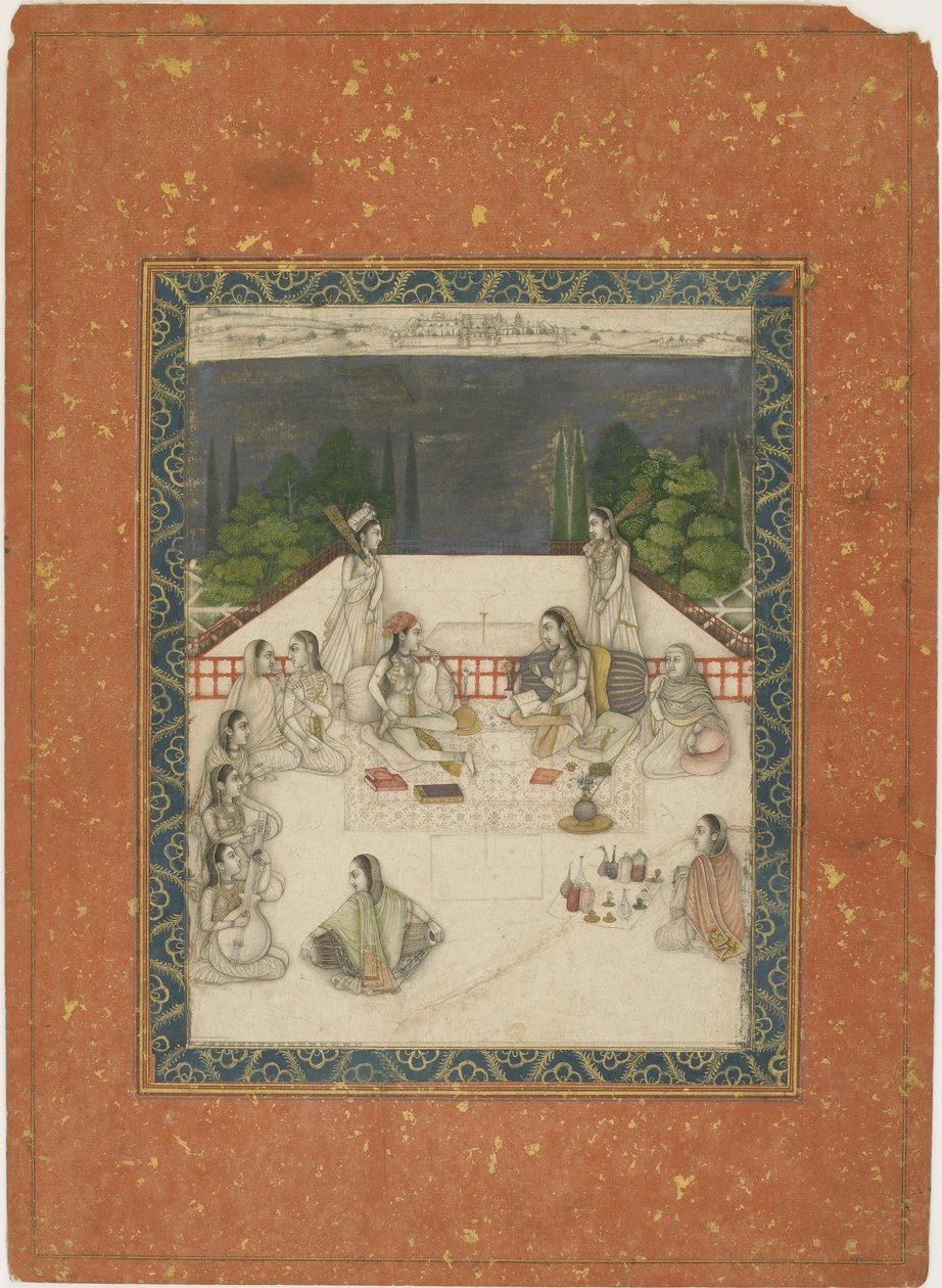 Zwei Frauen auf einer Terrasse, umgeben von Dienern und Musikern, ca. 1650 von Indian School