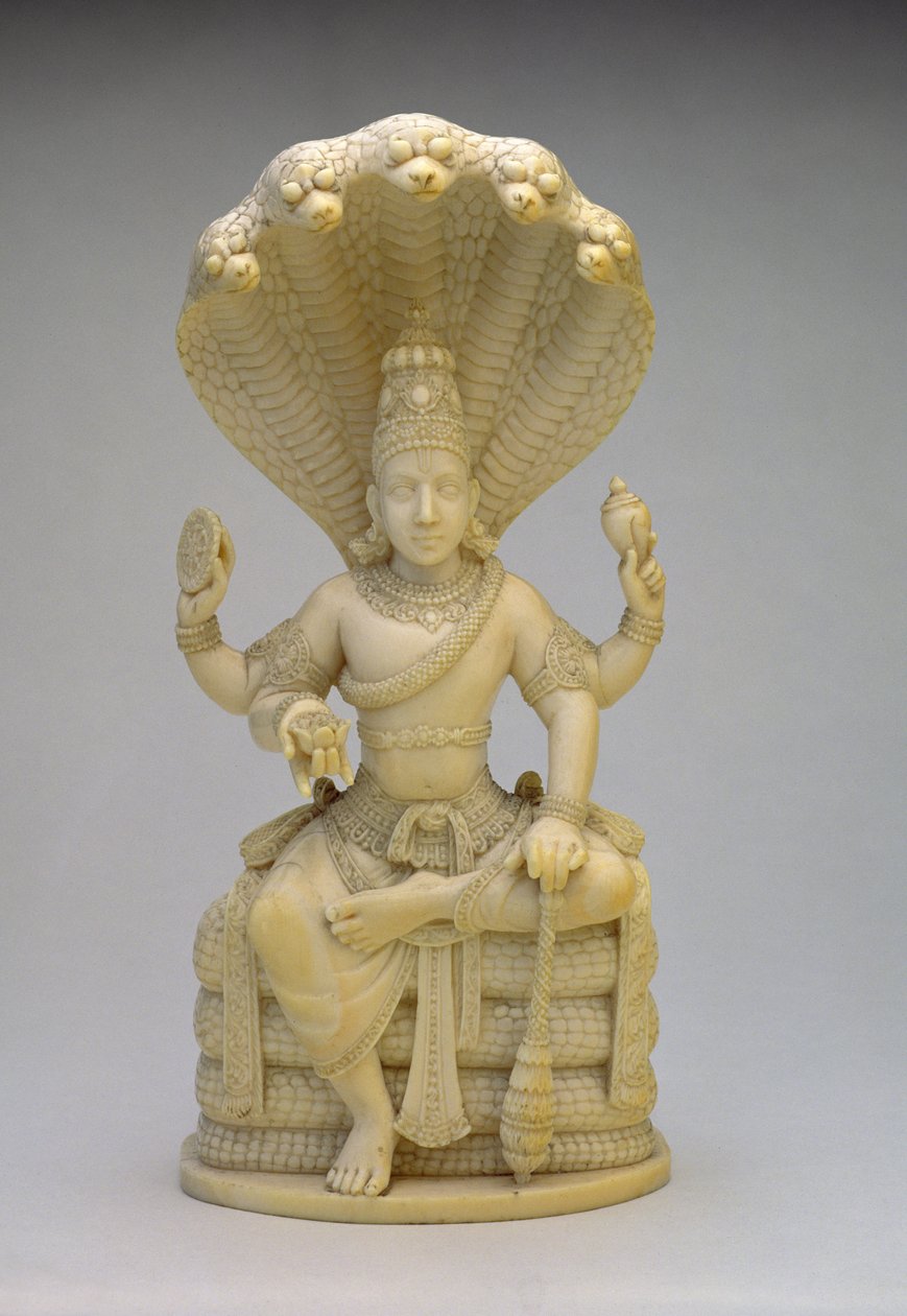 Vishnu, sitzend auf der Schlange Sesha, hält eine Muschel, Keule, Scheibe und Lotus von Indian School