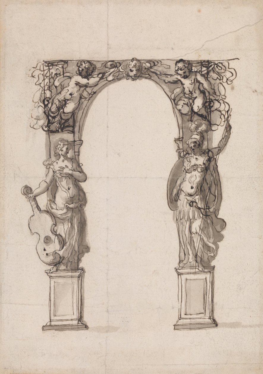 Entwurf für einen temporären Bogen, verziert mit Putti und allegorischen Figuren von Musik und Krieg von Inigo Jones
