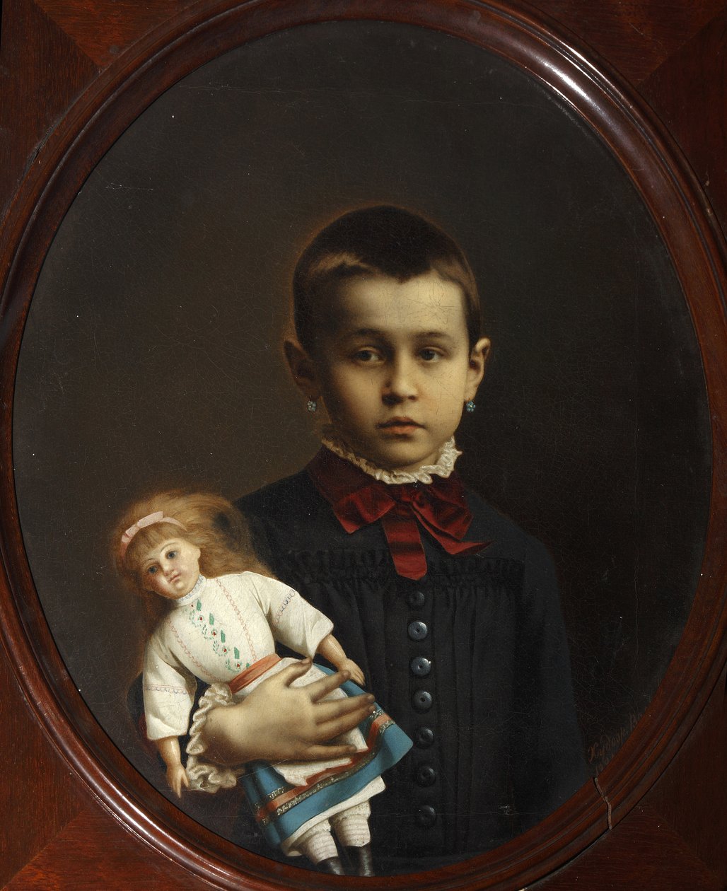 Porträt eines Mädchens mit Puppe in der Hand von Volkov, Iosif Petrovich (1854-nach 1897). Öl auf Leinwand von Iosif Petrovich Volkov