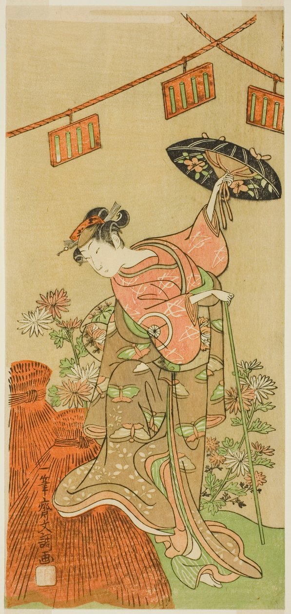 Der Schauspieler Iwai Hanshiro IV als Otatsu-gitsune im Stück Nue no Mori Ichiyo no Mato, aufgeführt im Nakamura Theater im elften Monat, 1770 von Ippitsusai Bunchō