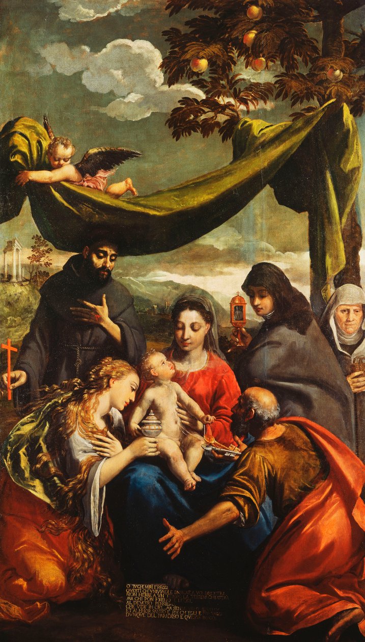 Die Madonna und das Kind mit den Heiligen Maria Magdalena, Petrus, Klara und Franziskus und einem Porträt der Äbtissin von Ippolito Scarsella