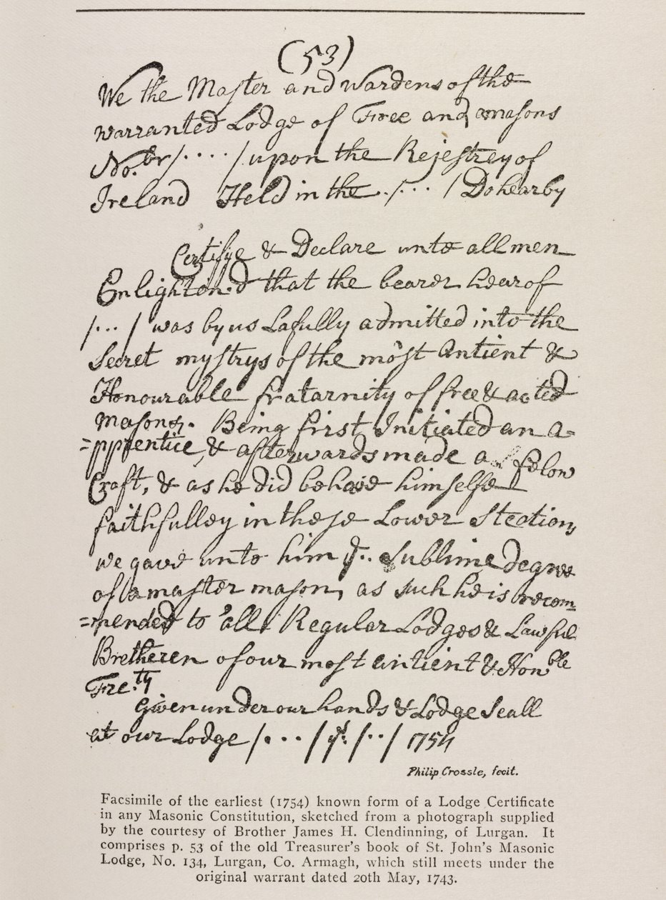 Frühestes bekanntes Zertifikat (irisch) mit einem Siegel der Großloge, 1762 von Irish School