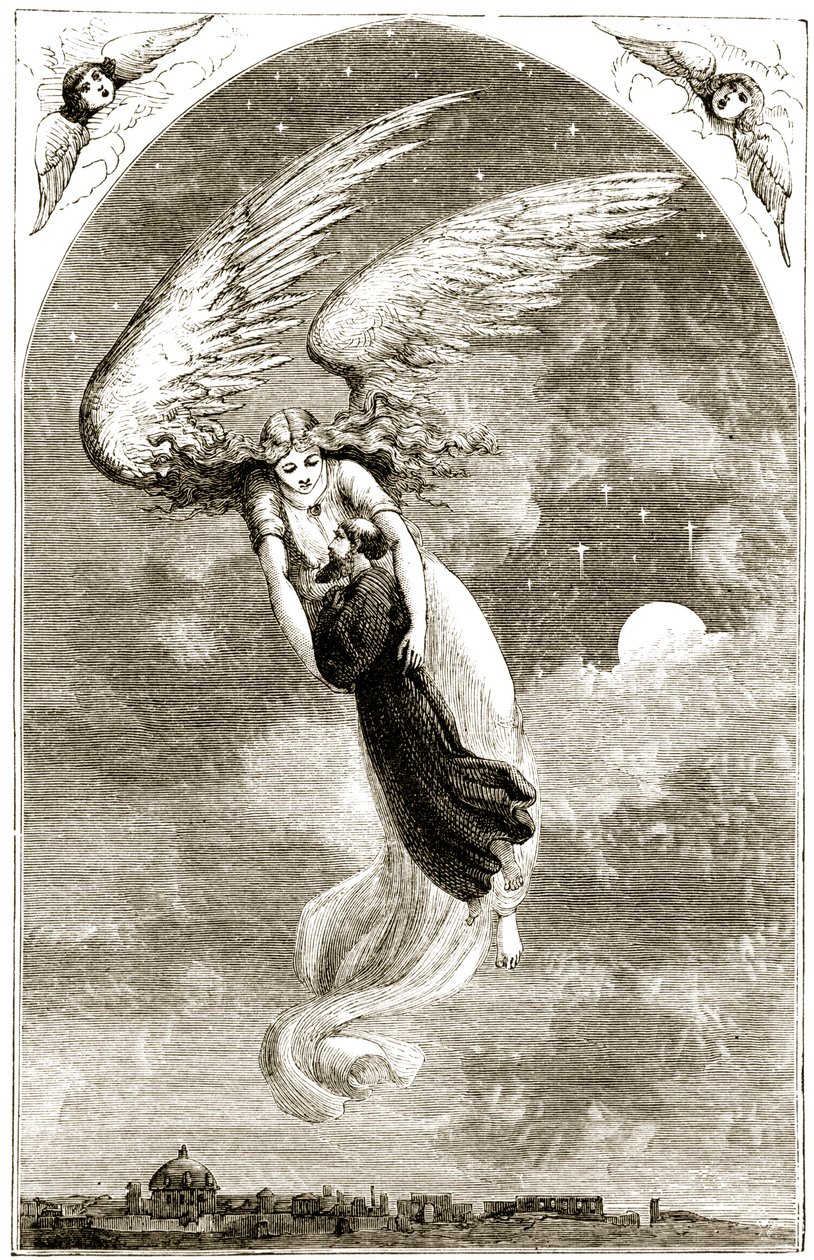 St. Patrick wird von einem Engel nach Rom getragen, aus The Trias Thaumaturga, oder Drei Wunderwirkende Heilige von Irland, von Mary Cusack (1829-99) veröffentlicht um 1890 von Irish School