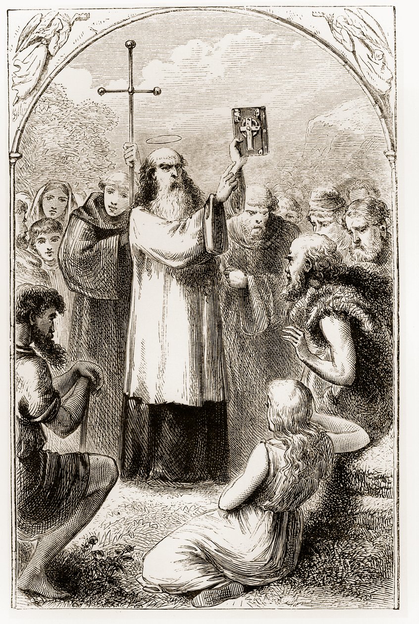 St. Patrick zeigt den Menschen in Irland die vier Evangelien, aus The Trias Thaumaturga, oder Drei Wunderwirkende Heilige von Irland, von Mary Cusack (1829-99) veröffentlicht um 1890 von Irish School