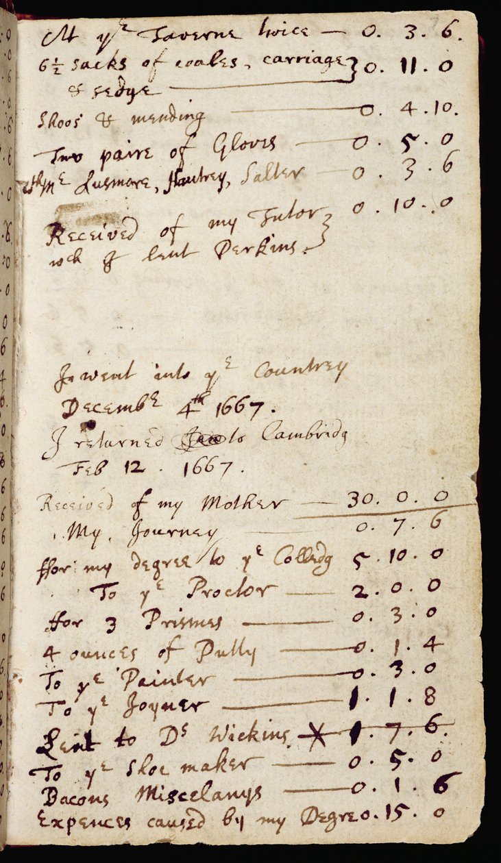 Ms 1-1936 f.7r Seite aus einem Notizbuch mit Newtons Gedanken zur Optik und seinen Haushaltskonten, ca. 1665-68 von Isaac Newton
