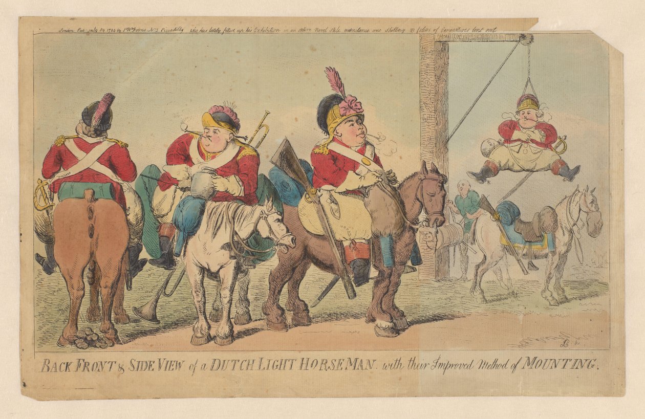 Verbesserte Methode der niederländischen leichten Kavallerie, ein Pferd zu besteigen von Isaac Cruikshank (signed by artist)