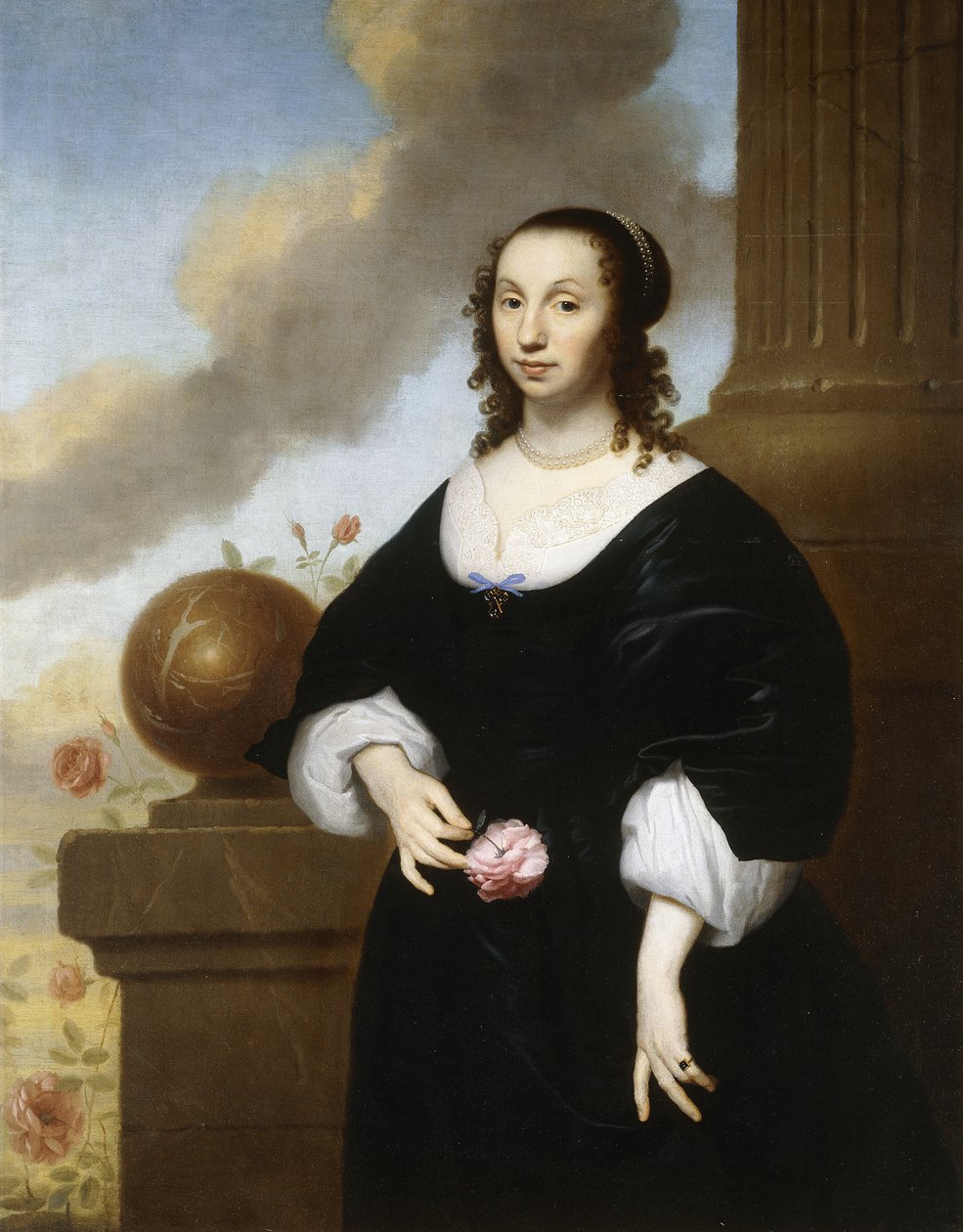 Porträt einer Dame, stehend in Dreiviertellänge, in einem schwarzen Satinkleid mit weißer Spitzenbesatz von Isaac Luttichuys