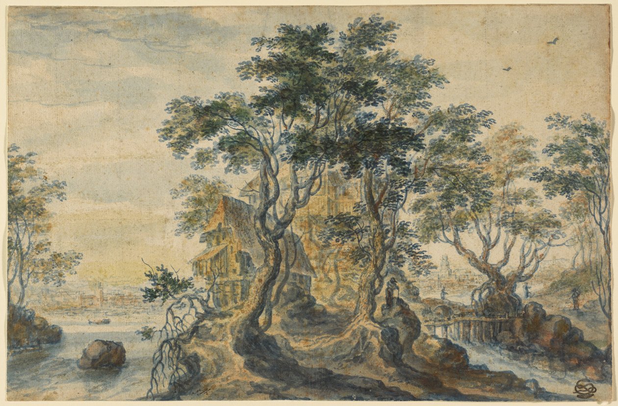 Flusslandschaft mit Haus auf einer felsigen Insel von Isaac Major