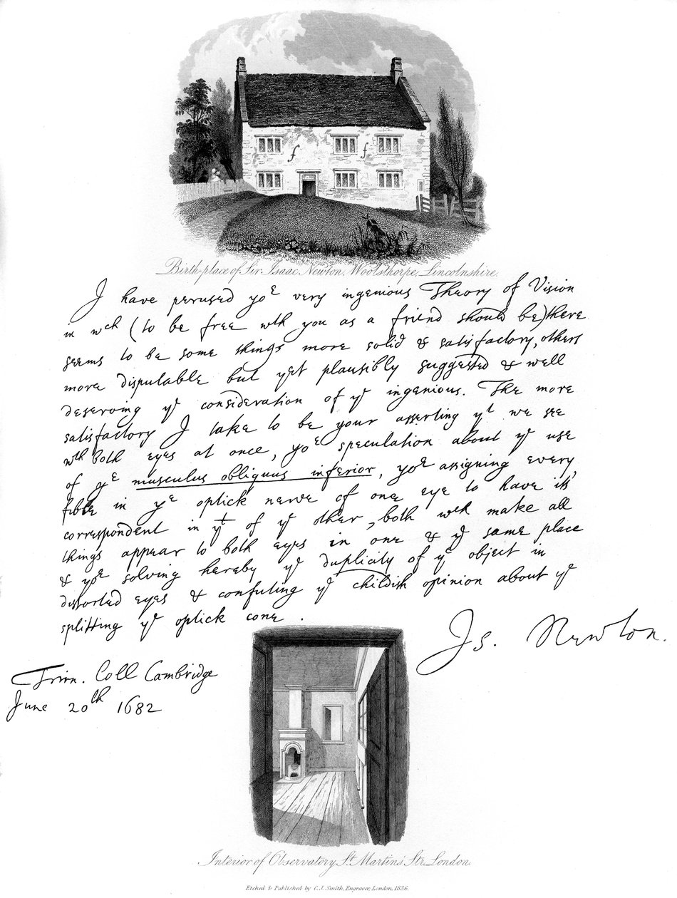 Ein Brief von Isaac Newton und ein Blick auf seinen Geburtsort in Woolsthorpe, Lincolnshire, 1682, 1840 von Isaac Newton