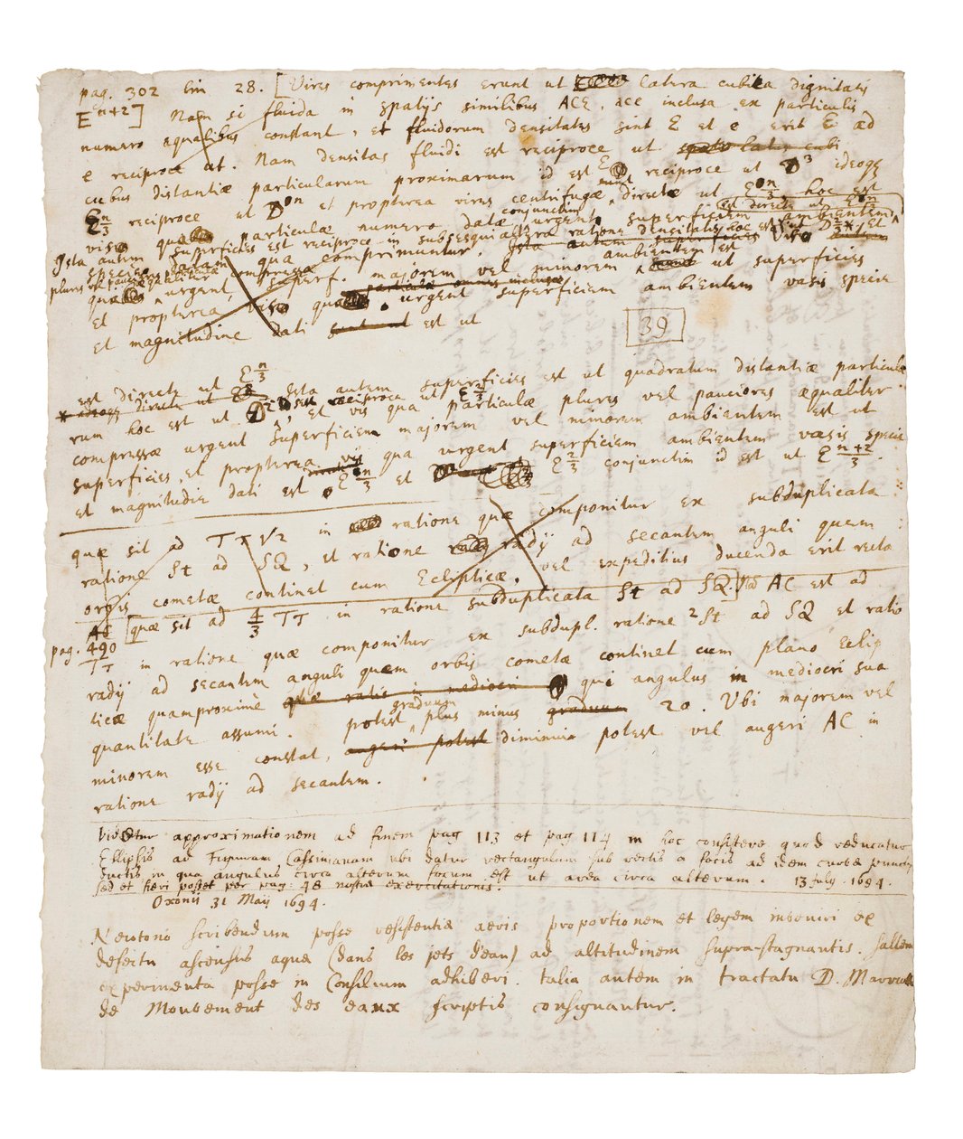 Zwei Seiten mit Überarbeitungen der Principia Mathematica von Isaac Newton