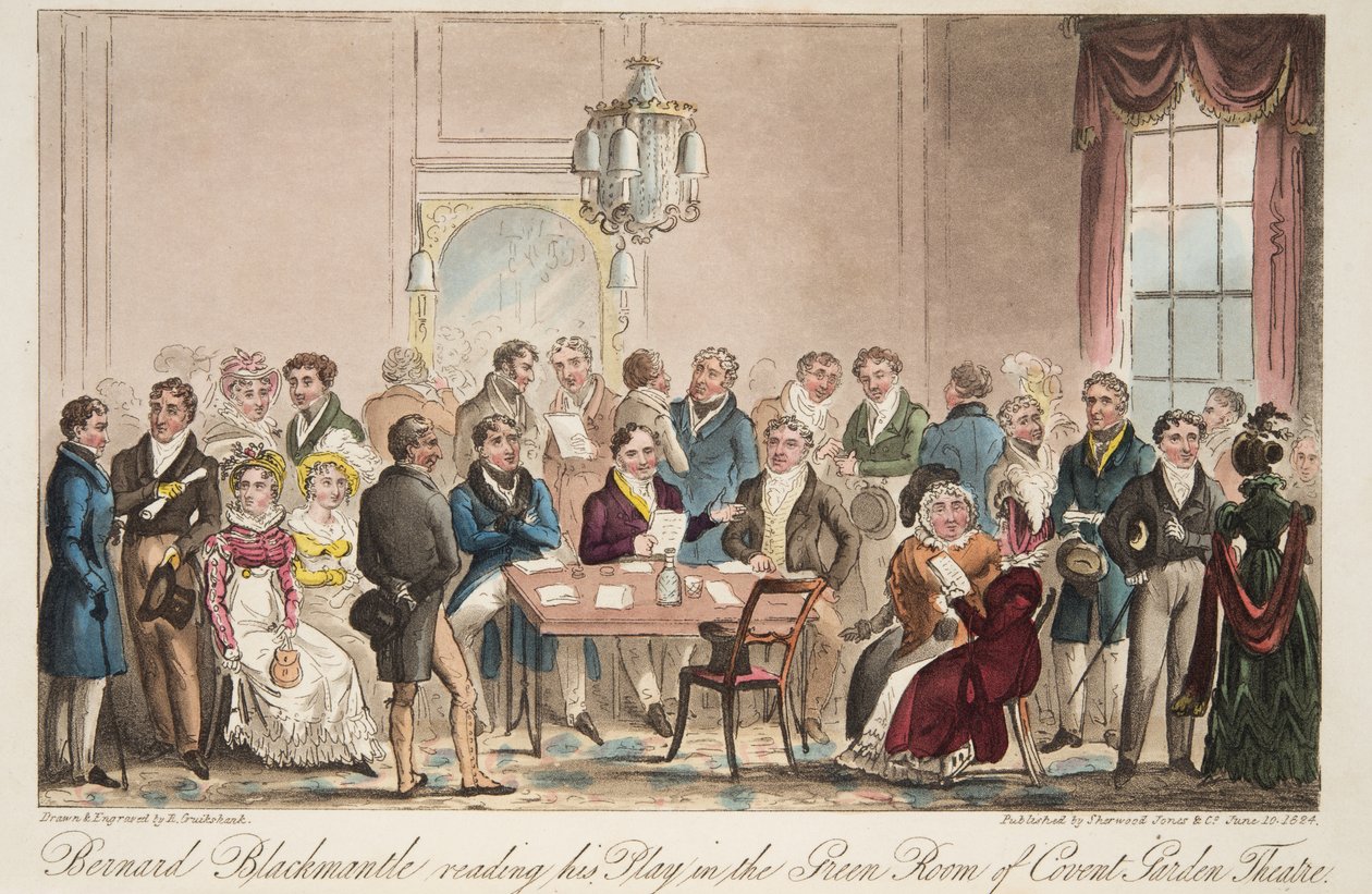 Bernard Blackmantle liest sein Stück im Green Room des Covent Garden Theatre, aus The English Spy, veröffentlicht 1824 von Isaac Robert Cruikshank