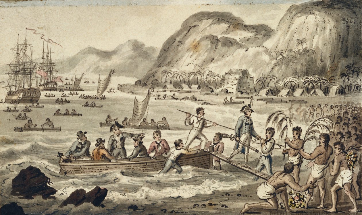 Captain Cook landet in Owyhee, Illustration aus "Die Reisen von Captain Cook" von Isaac Robert Cruikshank
