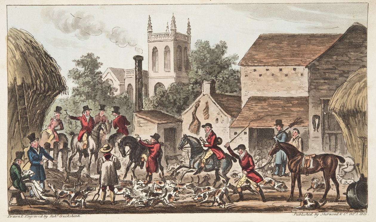 Ausgehen; Eine Ansicht des Berkeley Hunt Kennel, aus The English Spy, veröffentlicht 1824 von Isaac Robert Cruikshank