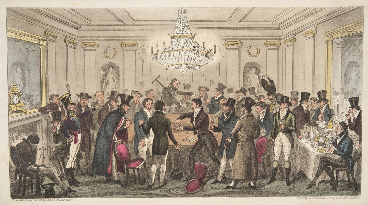 Inneres einer modernen Hölle - siehe. Die gezinkten Würfel, aus The English Spy, veröffentlicht 1824 von Isaac Robert Cruikshank